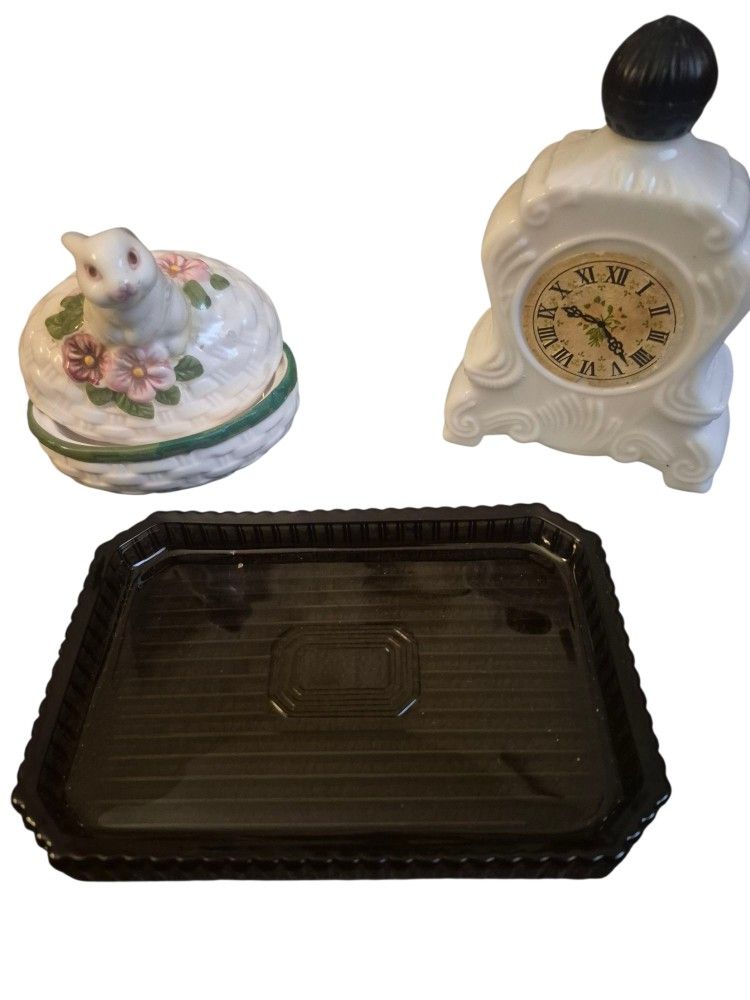 3 Vintage Avon Collectibles Glass Caddy Mantle Clock Trinket Box