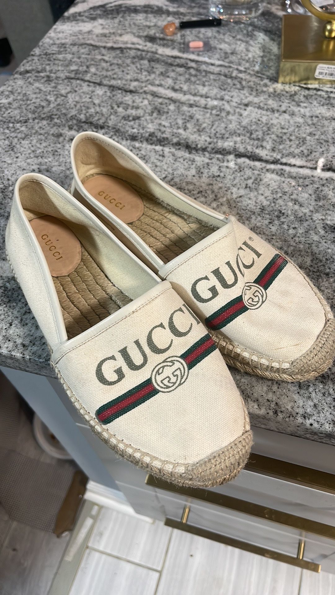 Gucci Off-white Logo Printed Canvas Leather Trimmed Espadrilles Flats 38.5 Us Size 8.5 Men