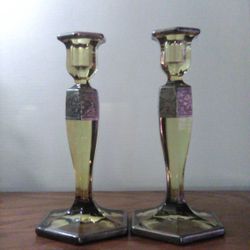 Antique Amber Glass Six Sided Candle Stick Holders / Sterling Silver Overlay