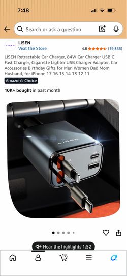 4 in One Retractable Car Charger, 84W, USB A and USB C Fast Charger, Cigarette Lighter. NEW