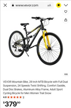 VEVOR Mountain Bike, 29 inch MTB Bicycle with Full Dual Suspension, 24 Speeds Twist Shifting, Comfort Saddle, Dual Disc Brakes, Aluminum Alloy Frame, 