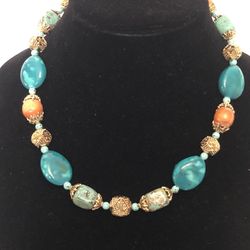 Vintage Stone Multicolored Necklace With Beautiful Gold Accent Separators