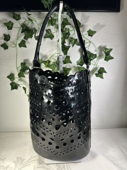 Neiman Marcus Vintage 90's Black Patent Scalloped Lace Cut out bucket bag.
