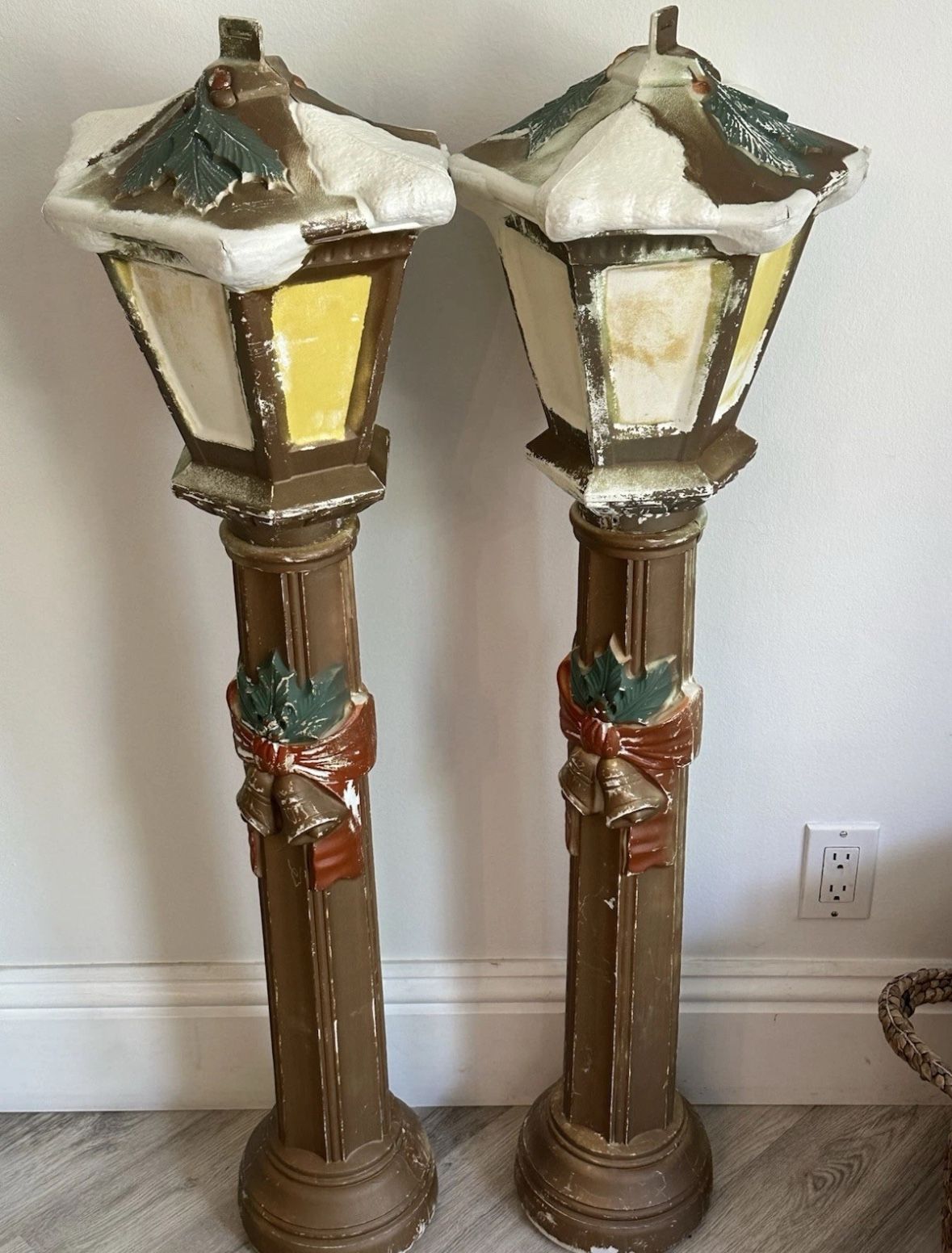 Two POLORON Gold Lantern Lamp 44" Post Blow Mold Christmas Yard Decor Has Cracks (SEE DESCRIPTION)