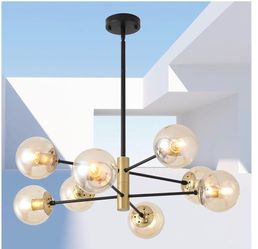 NEW! NEW! 8-Light Glass Globe Sputnik Chandelier Pendant, Black and Gold Light Fixture, Amber Glass
