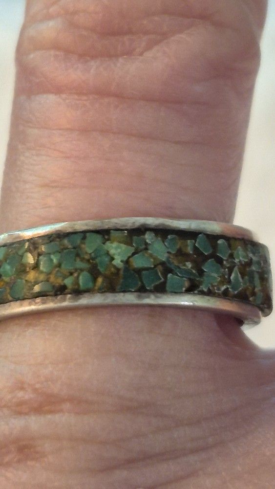  Vtg.Sterling Silver Inlaid Turquoise Band Ring- Sz8