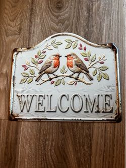 Metal soft blue welcome sign with robins
