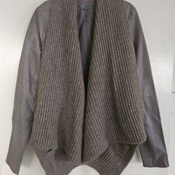 Vince Stylish Brown Wool Knit & Leather Cardigan Jacket - Size S
