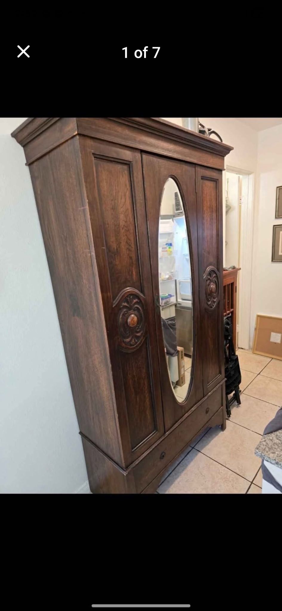 Vintage English Edwardian Style Mahogany Wardrobe Cabinet With Oval Mirror and Drawer