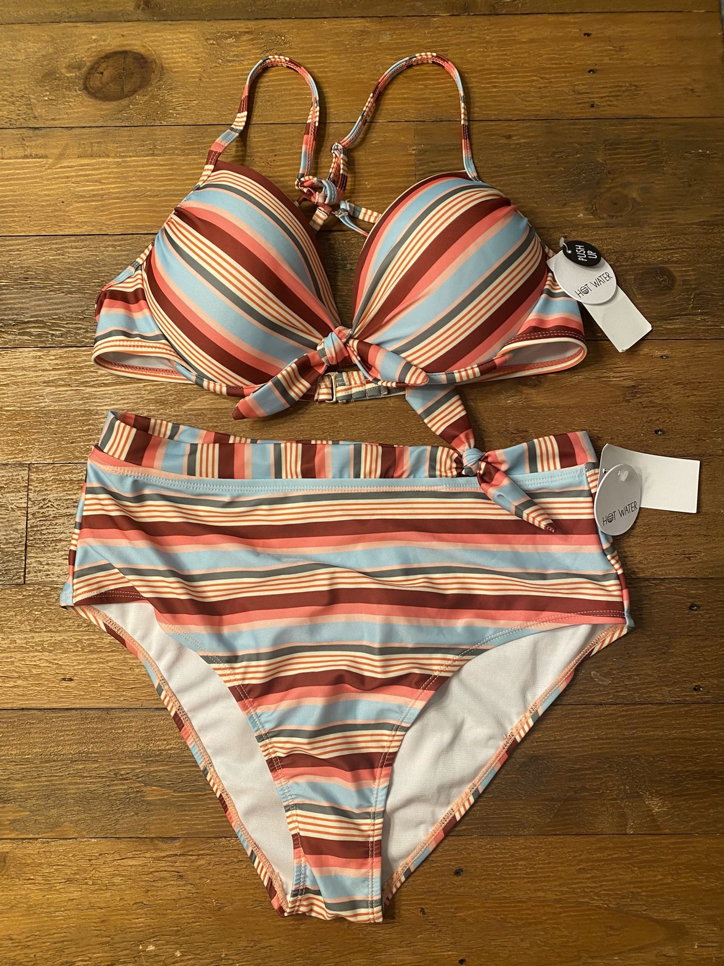 Hot Water XL/L NWT push-up bikini set striped blue orange high waist