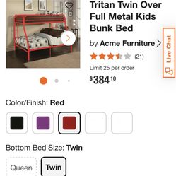 Red Metal Twin Over Full Bunk Bed 