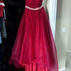 Strapless Red Tulle Dress (Size Large) With Adjustable Corset Back And Rhinestone Waistbelt