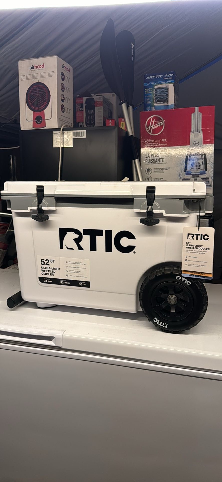 RTIC 52 QT Ultra-Light Wheeled Hard-Sided Ice Chest Cooler, Fits 78 Cans, White & Grey