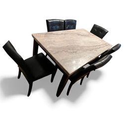 Gorgeous Black and White Faux Marble Dining Table with 6 Black Leather Chairs