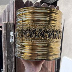 Vtg Brass Round Embossed Planter Pot Made In England 9" Tall Fleur De Lis