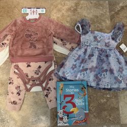 Set of new Disney 24 month 4 piece outfit, new 2T dress and multi story book
