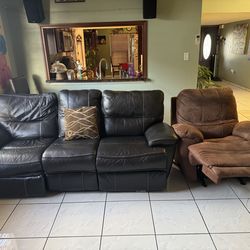 Black Leather Reclining Couch + Recliner Chair