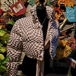 SHEIN Cropped Checkered Puffer Jacket 
