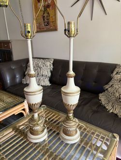 Pair Stiffel Lamps Brass Enamel Hollywood Regency Mid Century Modern