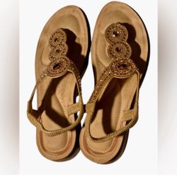 Women's Bohemian Brown Beaded T-Strap Sandals Size 10M