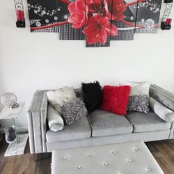 Modern Gray Velvet Sofa with Matching Tufted Ottoman – Elegant Living Room Set – Estate Sale