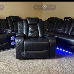 LUX 3PC BLK RECLINERS W/ SPEAKERS & LED 