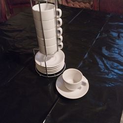 White Coffee / Espresso Cup & Saucer Set with Metal Rack