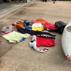 Noah Jetty Kayak And All Accessories, Farmer John Wet Suit, 2 Split Bags. 2 Paddling Jackets Size M,  1 EZ Ride Helmet,, 1 Throw Rope And Bag, 1 Net B