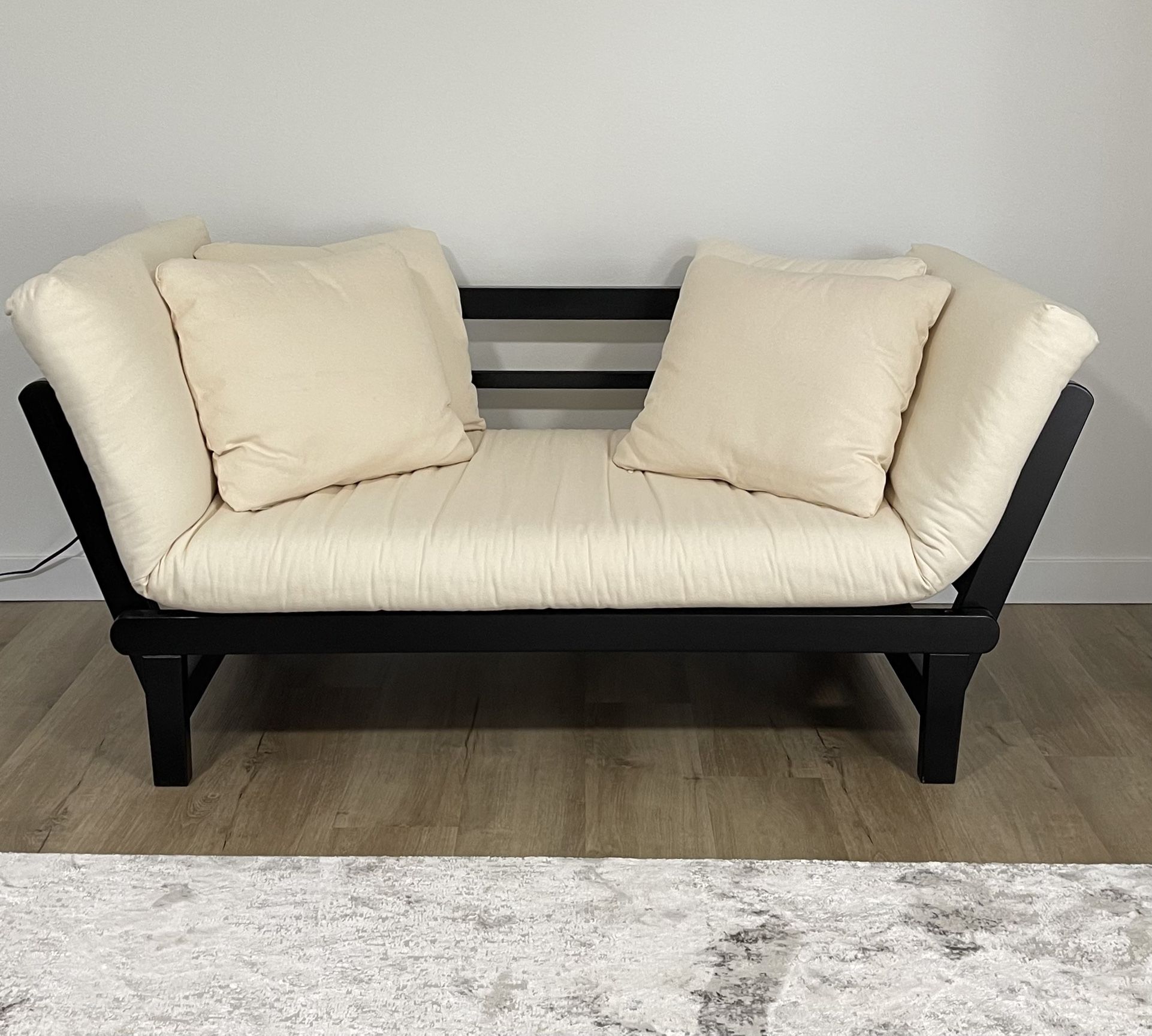 Espresso Wood Studio Day Sofa — Convertible with Drop-Down Sides, Excellent Condition