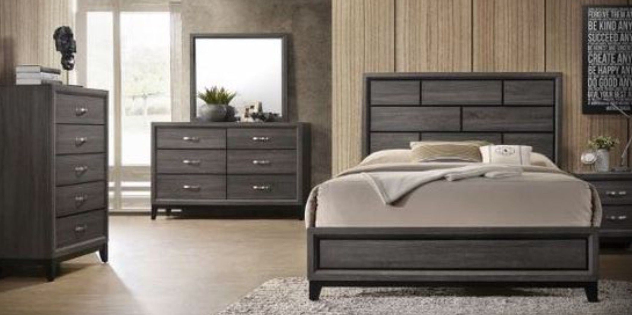 39 $down payment only 🤗4-PIECE QUEEN size gray bedroom set ( bed,Dresser,mirror,Nightstand)