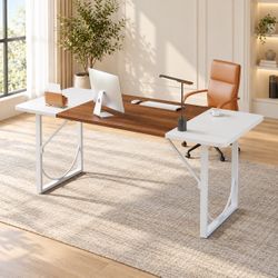 63" Executive Desk, Lager Writing Desk with Metal Frame, Home and Office, White with Walnut