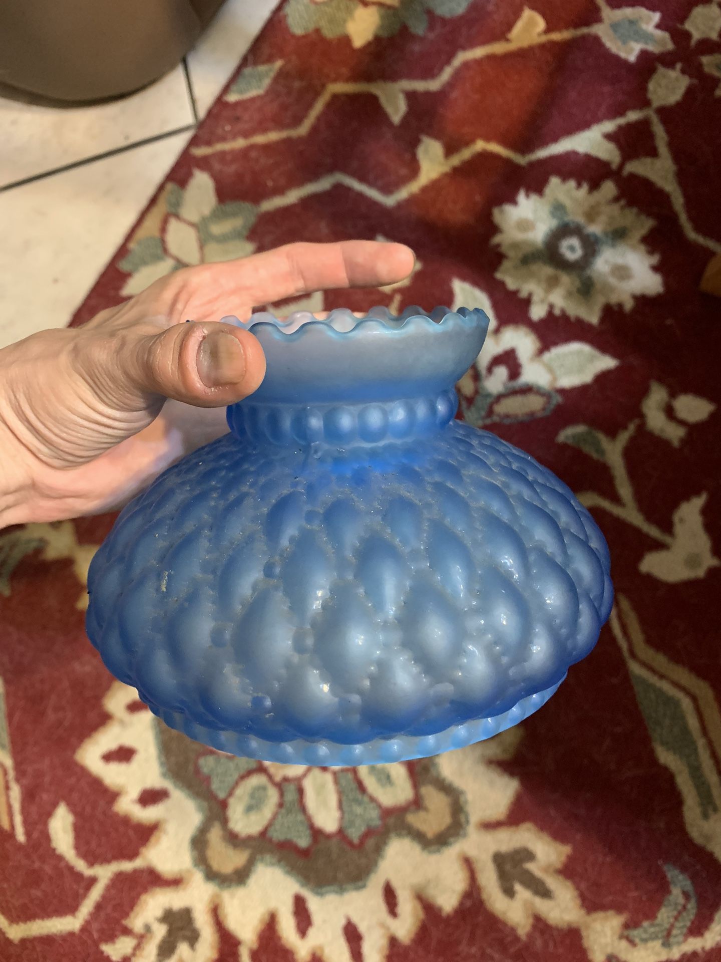 Vintage Fenton Blue Frosted Student Lamp Shade 5 1/2” Fitter Quilted Diamond