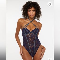 NWT SAVAGE X FENTY Framed in Denim Lace Halter Teddy Cutout Cameo Lingerie L