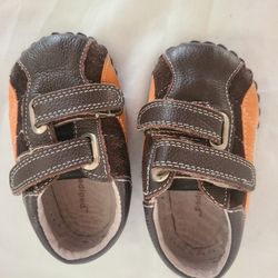 Pediped Zach Chocolate Brown Orange 12-18 Month Infant Crib Shoes