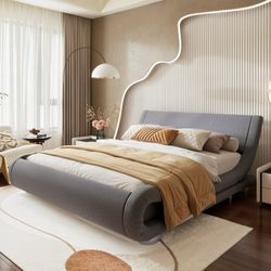 Full Size Bed Frame with Curved Adjustable Headboard, Fabric Upholstered Platform Bed, Grey