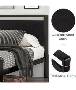 14 Inch Queen Size Metal Platform Bed Frame with Wooden Headboard and Footboard
