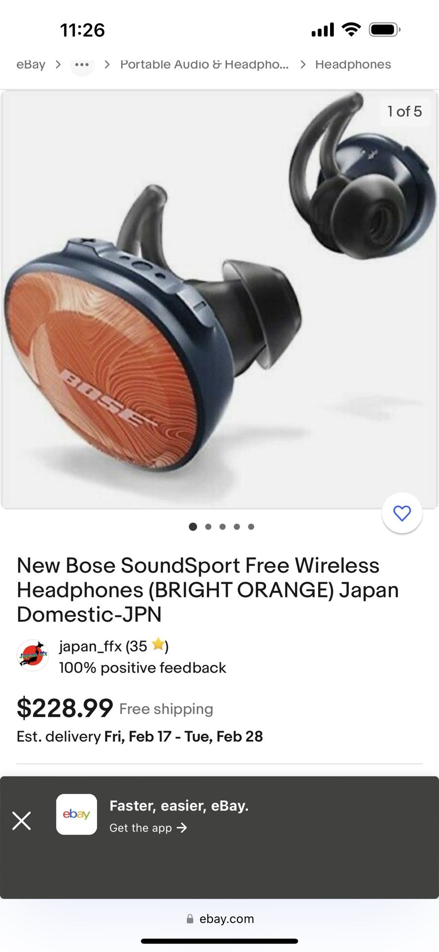 ヘッドホン BOSE SOUNDSPORT FREE BRIGHT ORANGE Bose SoundSport Free True Wireless Earbuds - Orange