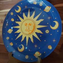 Blue Sun and Moon Decorative Plate w Stand