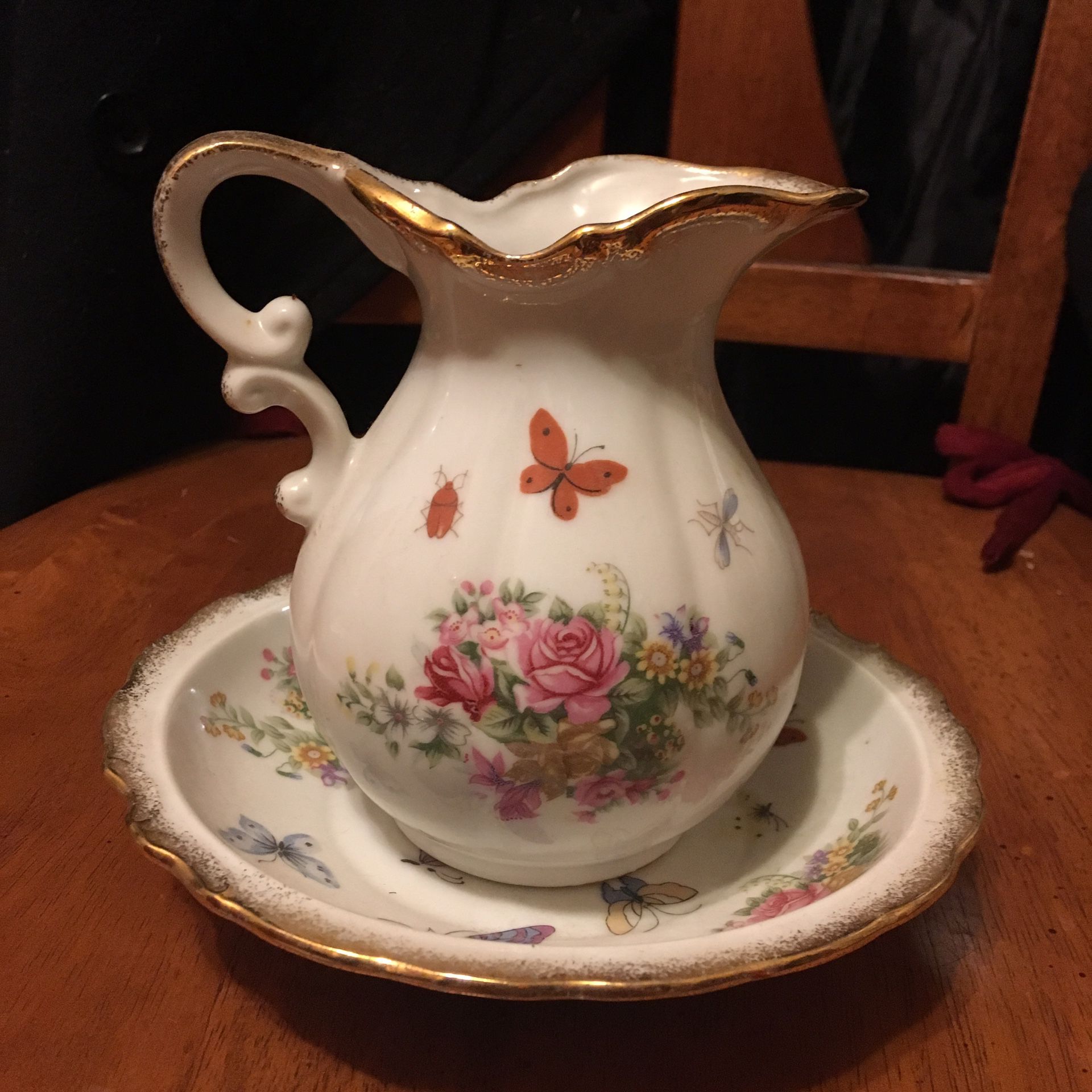 1943 Antique Porcelain Small Pitcher and Bowl