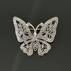 Vintage Cloisonne Silver Tone Metal Butterfly Brooch Pin Rhinestone Filigree