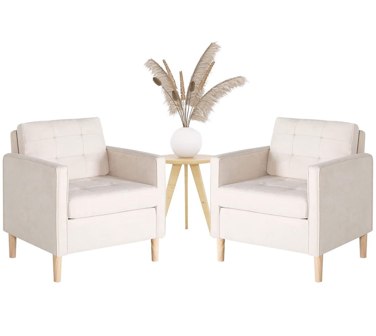 0928 Mid Century Modern Home Office Upholstered Fabric Accent Chairs Set of 2 with Arms Reading Chair Club Chair, Living Room Bedroom Office, White (2