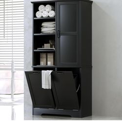Newly assembled Cabinet with Tilt-Out Laundry Hamper Basket, Tall Bathroom Storage Organizer Linen with Open Shelf for Home, Freestanding, Black
