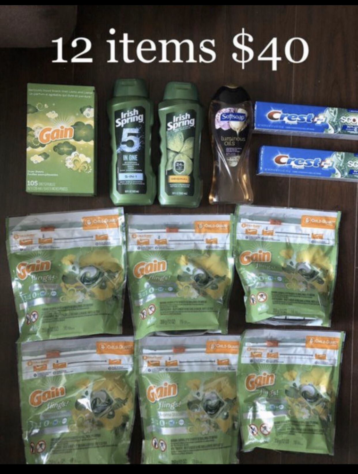 96 Gain Flings (16x6), 1 Gain Dryer Sheets; 2 Irish Spring & 1 Softsoap Body Wash; 2 Toothpastes: 12 items $40