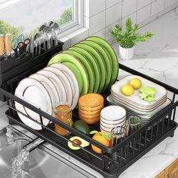 Dish Drying Rack - Space-Saving Small Dish Rack for Kitchen Counter, Rust-Resistant Kitchen Drying Rack, Compact Dish Drainer Organizer with Utensil H