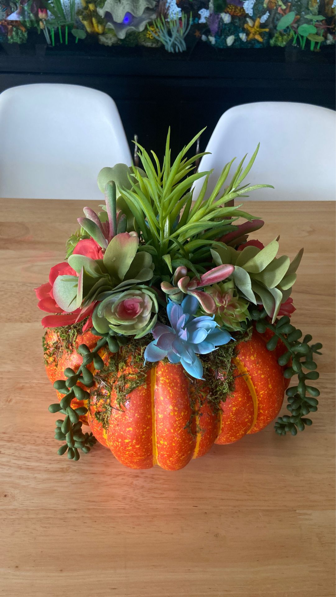Faux Pumpkin with Succulents