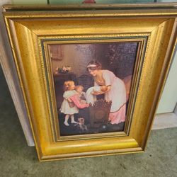 Mother Child Painting Victorian Baby Yorkie art Canvas Gold Frame Cottagecore Shabbychic Grannycore