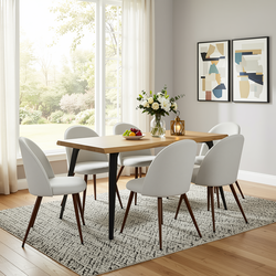 Homy Casa Lancelot KD 7PC Dining Set 63" Table with 6 Haven Beige Fabric Chairs Walnut Legs