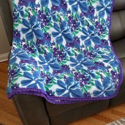 NEW Handmade Fleece Blanket With Crotchet Edge  Purple, Blue, Green & White 