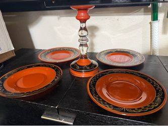 Dark Academia Terracotta Gilded Candlestick & Saucer Set - 5 Pieces