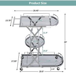 Silver Bar Cart with Wine Rack and Glass Holder, 3-Tier Home Bar Serving Cart with Tempered Glass